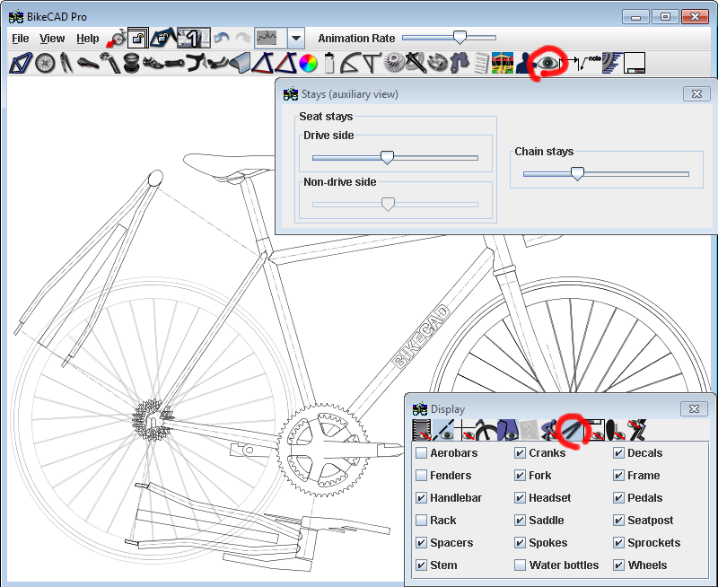 Auxiliary view of chain stays and seat stays Auxiliary view of chain stays and seat stays