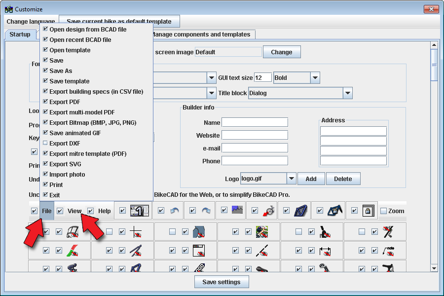 Customizing menus in BikeCAD Pro