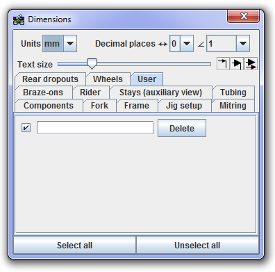 User dimensions tab
